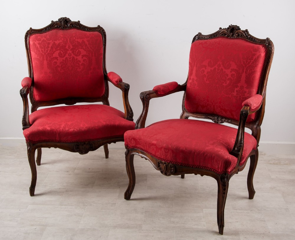 Pair French Louis XV Carved Walnut Armchairs with Red Damask Upholstery c.1900