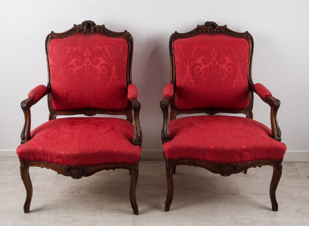 Pair French Louis XV Carved Walnut Armchairs with Red Damask Upholstery c.1900 View II
