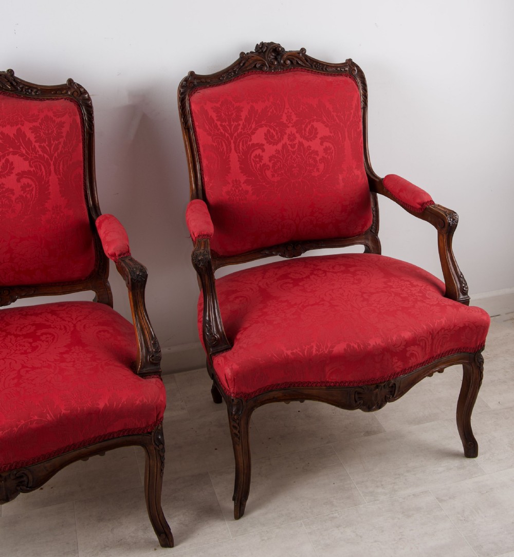 Pair French Louis XV Carved Walnut Armchairs with Red Damask Upholstery c.1900 View IV