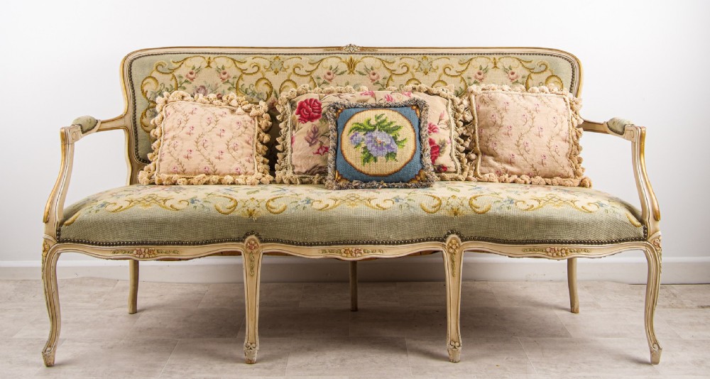 Antique French Louis XV Painted Settee Sofa with Floral Needlepoint Tapestry Upholstery c.1900