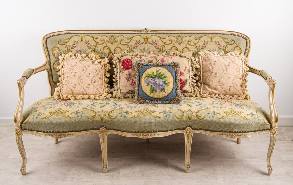 Antique French Louis XV Painted Settee Sofa with Floral Needlepoint Tapestry Upholstery c.1900 View II