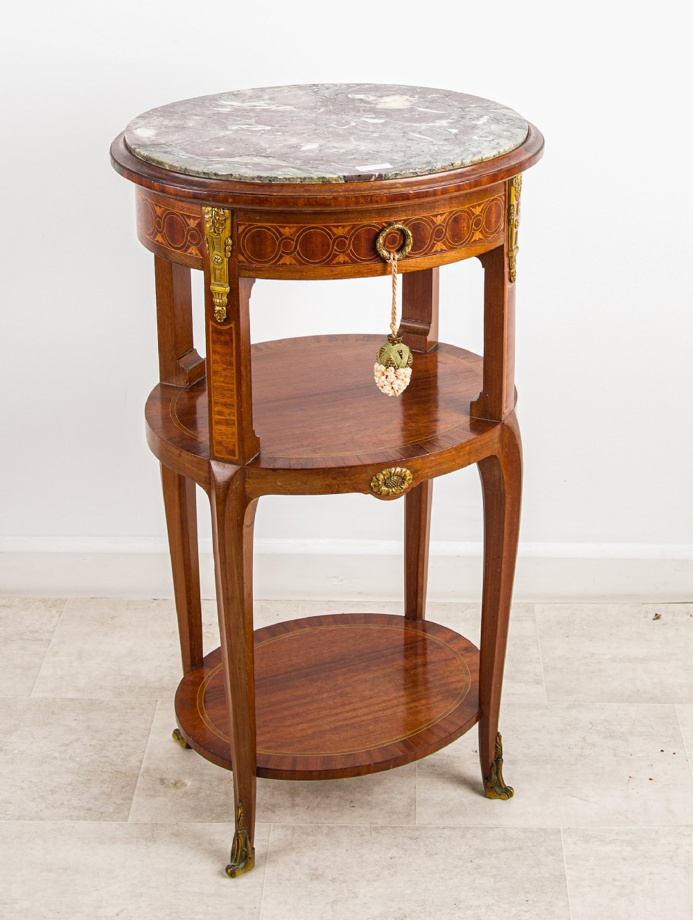 Antique French Marble Top Two-tier Bedside / Occasional Table - Ormolu Mounted