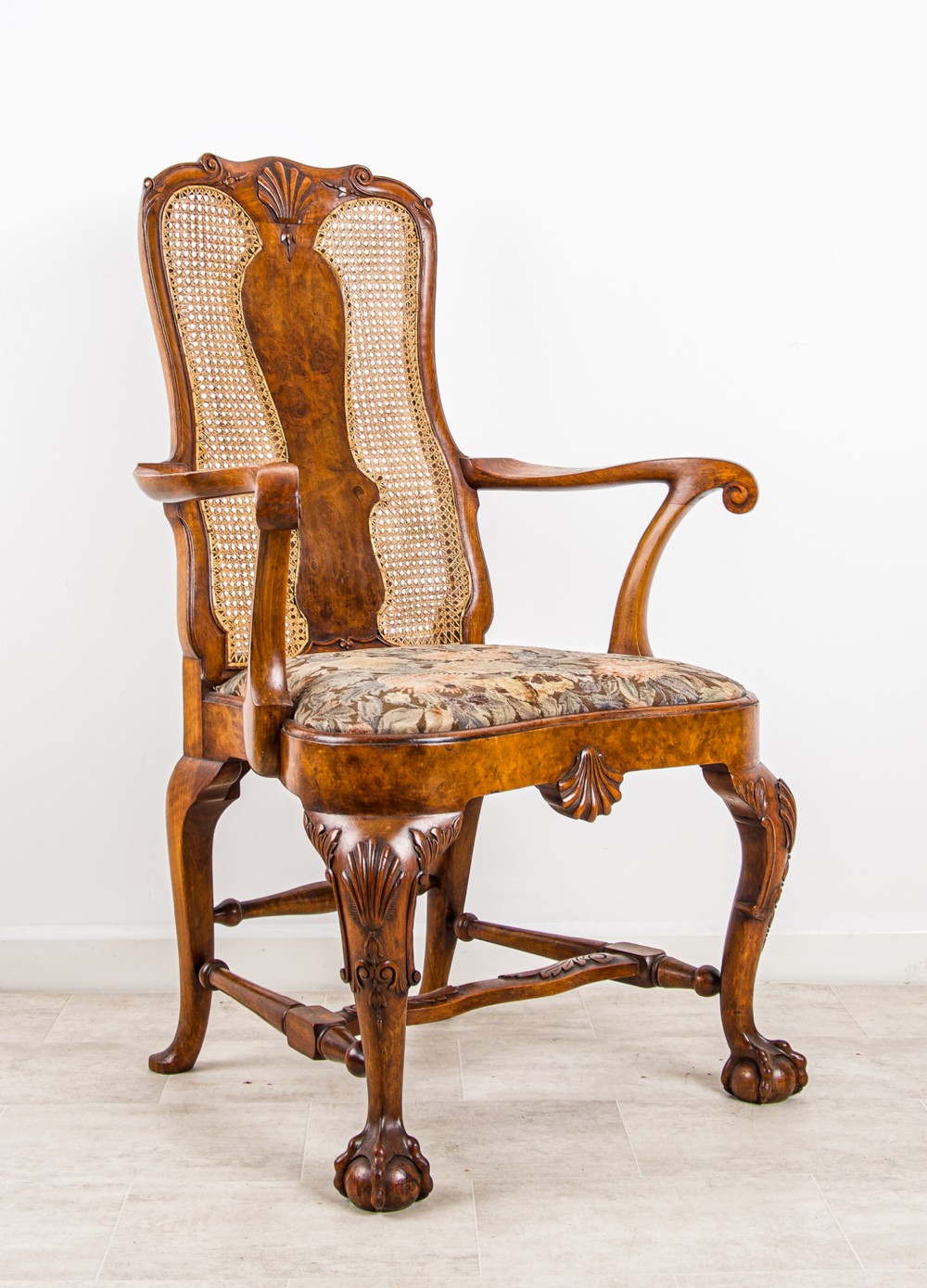 Antique Walnut Queen Anne Style Armchair – Cabriole Legs, Claw & Ball Feet, Caned Back, C.1910