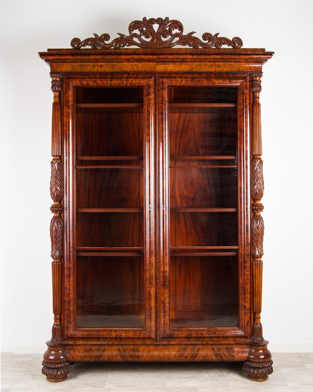Antique Victorian Flamed Mahogany Glazed Bookcase Display Cabinet 