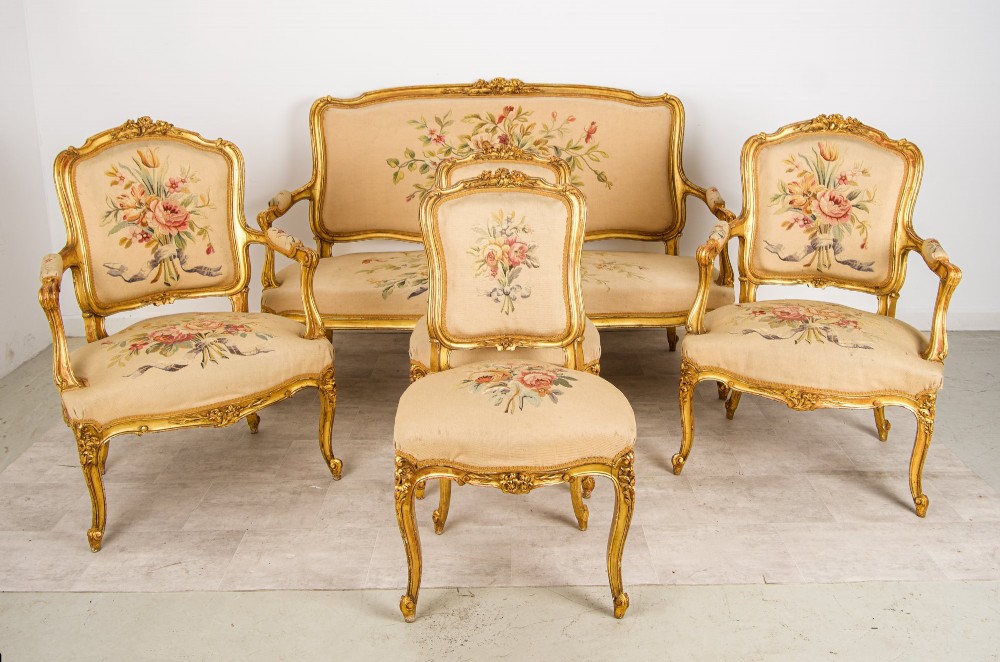 Antique French Louis XV Giltwood Salon Suite with Sofa & 4 Chairs - Decorated Floral Upholstery c.1900
