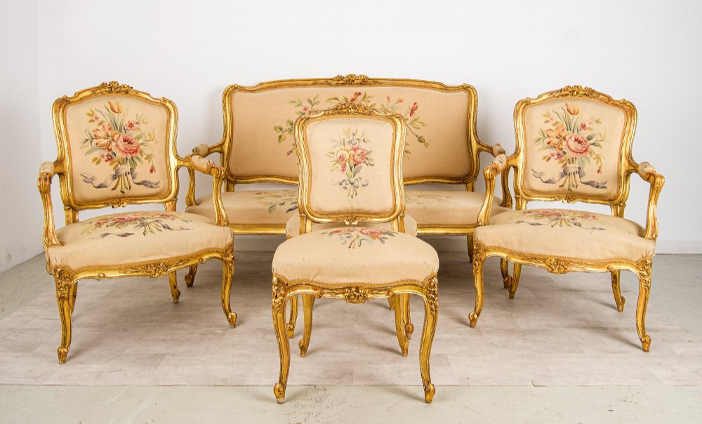 Antique French Louis XV Giltwood Salon Suite with Sofa & 4 Chairs - Decorated Floral Upholstery c.1900 View II