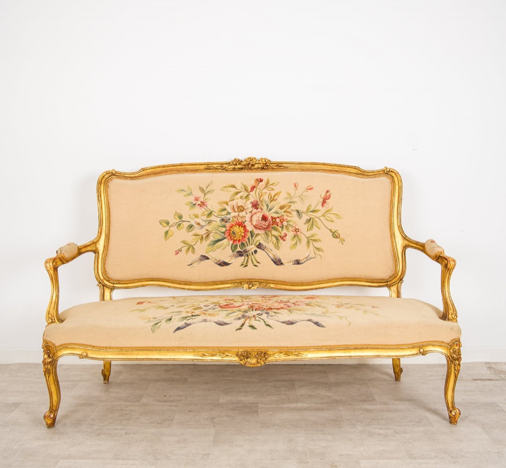 Antique French Louis XV Giltwood Salon Suite with Sofa & 4 Chairs - Decorated Floral Upholstery c.1900 View V