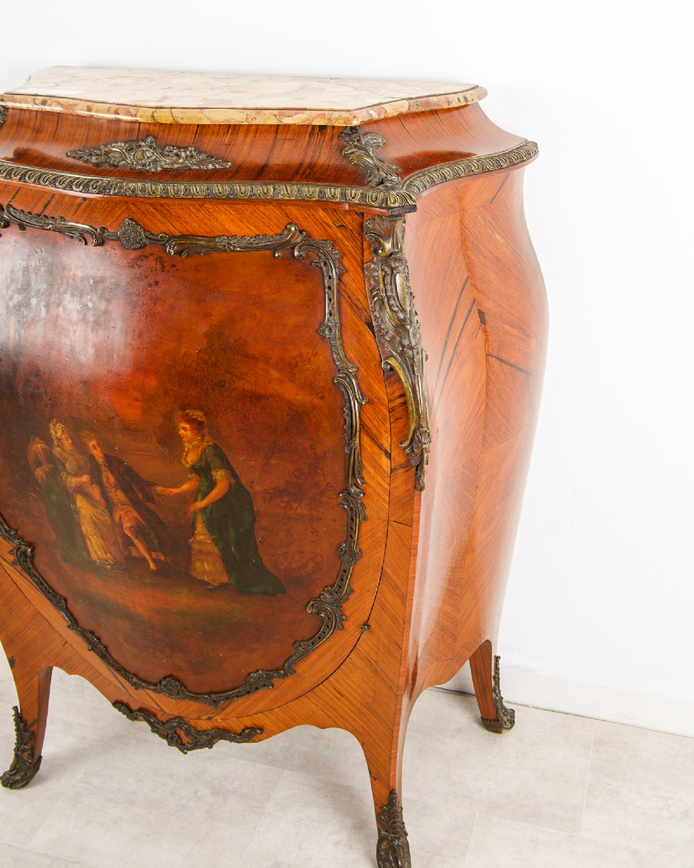An antique French Louis XV style kingwood side cabinet featuring a shaped marble top, intricate gilt bronze mounts, cabriole legs, and a central Vernis Martin painted panel. View II
