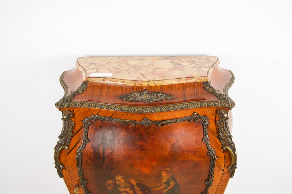 An antique French Louis XV style kingwood side cabinet featuring a shaped marble top, intricate gilt bronze mounts, cabriole legs, and a central Vernis Martin painted panel. View III