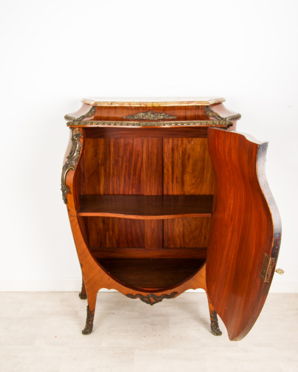 An antique French Louis XV style kingwood side cabinet featuring a shaped marble top, intricate gilt bronze mounts, cabriole legs, and a central Vernis Martin painted panel. View IV
