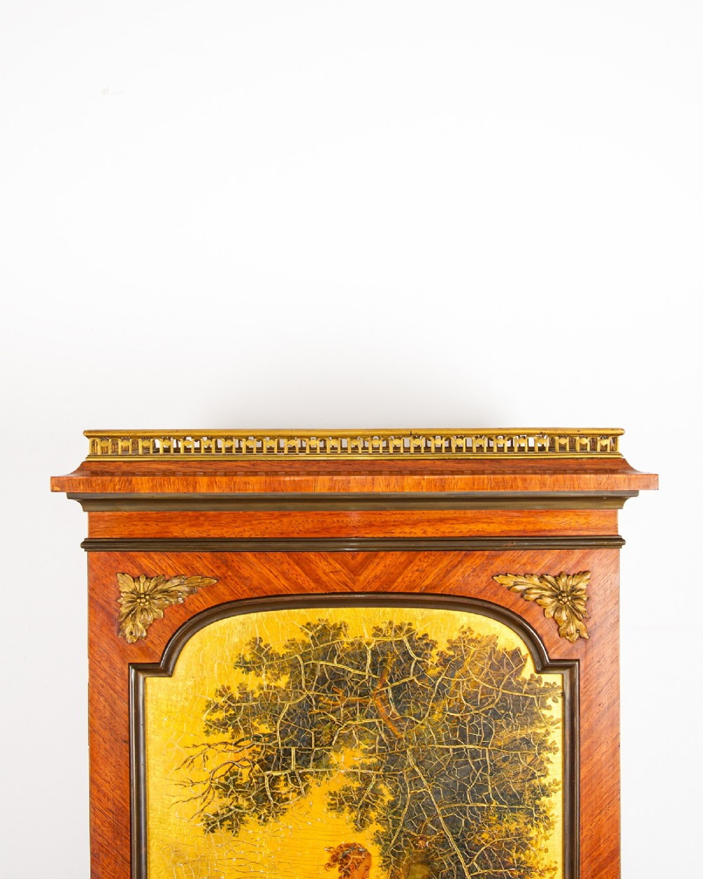 A nineteenth-century French kingwood writing cabinet featuring slender cabriole legs, gilt-bronze mounts, and a central Vernis Martin painted panel depicting a pastoral scene. View II