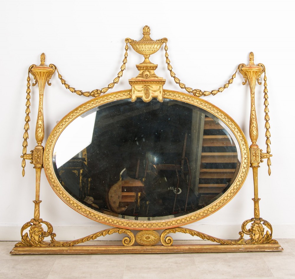 Antique Giltwood Oval Overmantel Mirror, Adams Style, circa 1880
