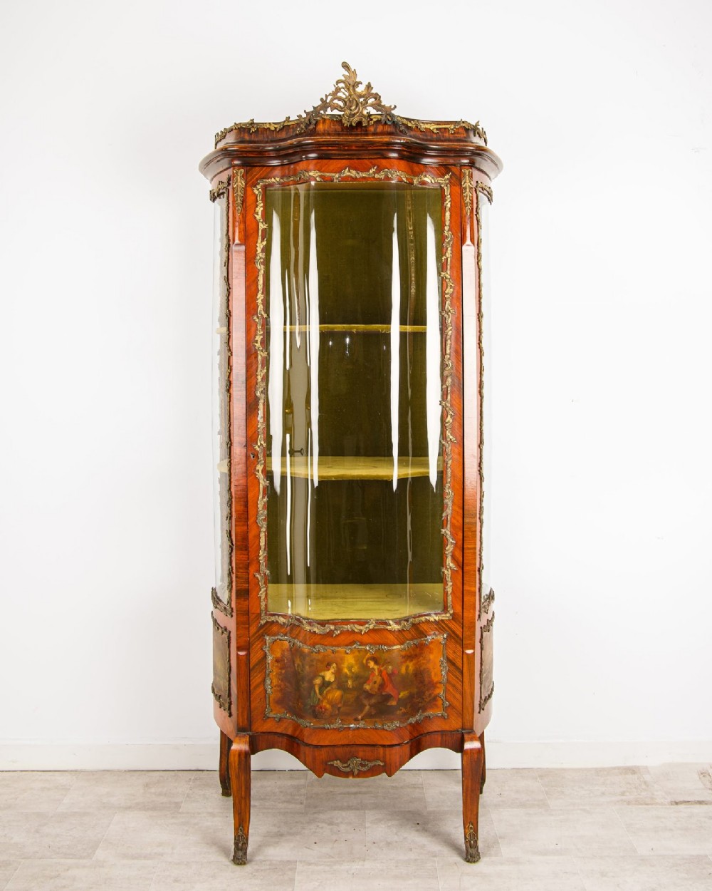 19th Century French Kingwood Vitrine Display Cabinet - Vernis Martin Panels, Ormolu Mounts & Curved Glass