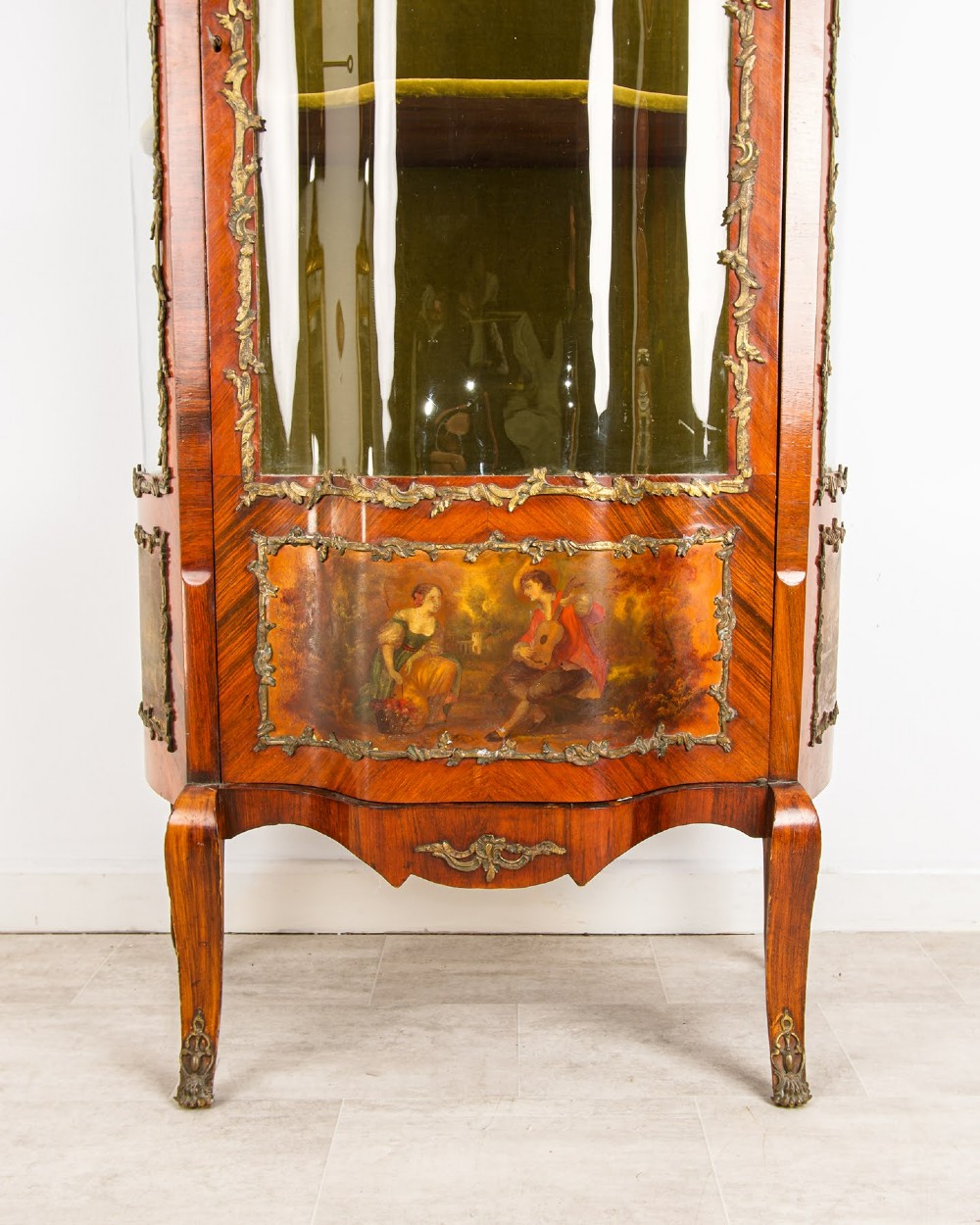 19th Century French Kingwood Vitrine Display Cabinet - Vernis Martin Panels, Ormolu Mounts & Curved Glass View II