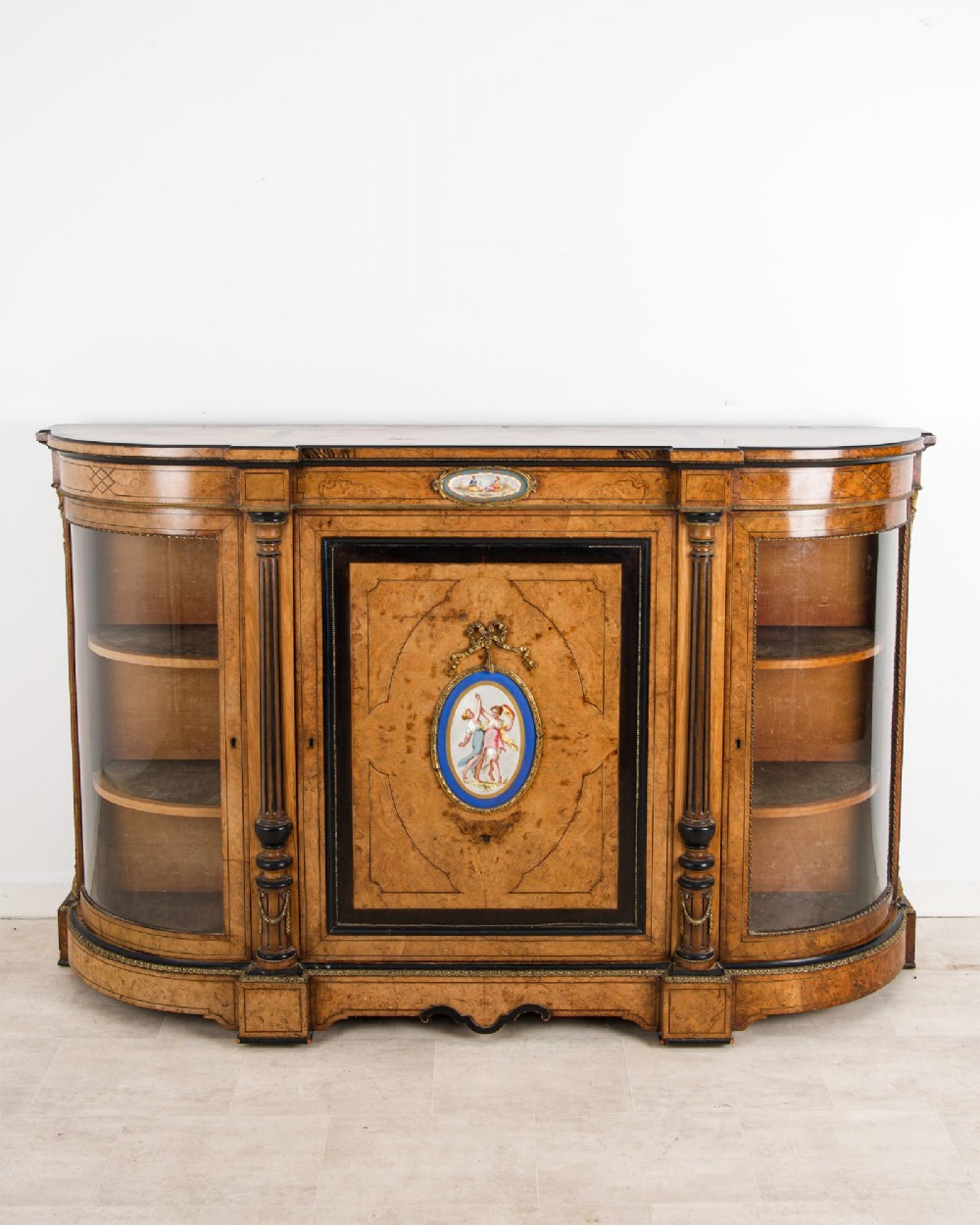 Antique Victorian Burr Walnut Credenza Sideboard With Porcelain Plaques