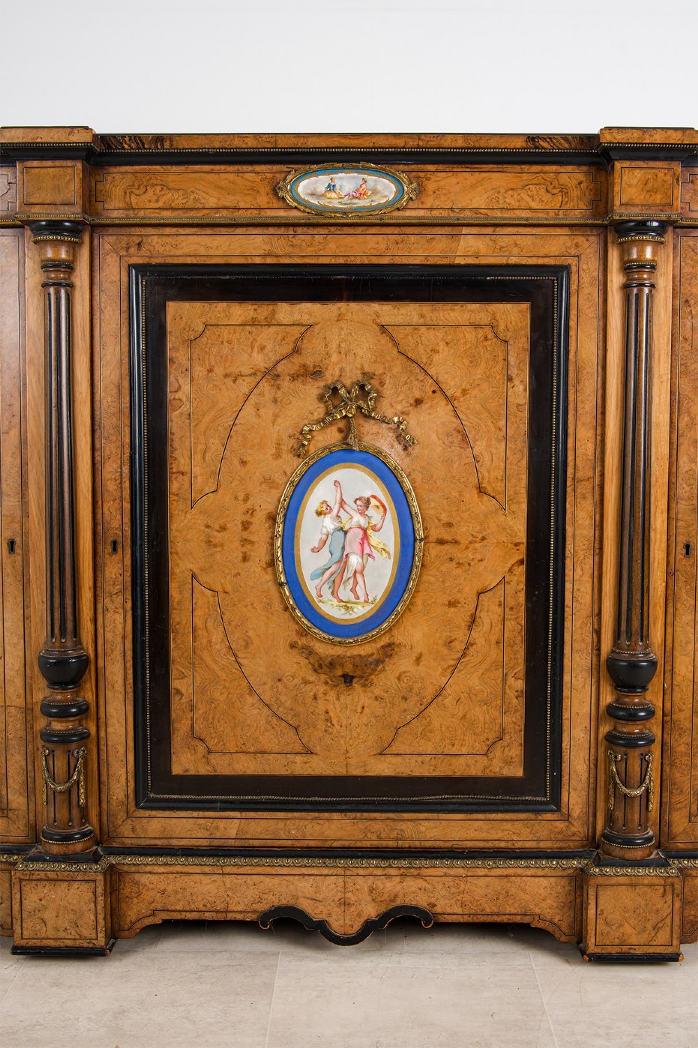 Antique Victorian Burr Walnut Credenza Sideboard With Porcelain Plaques View II