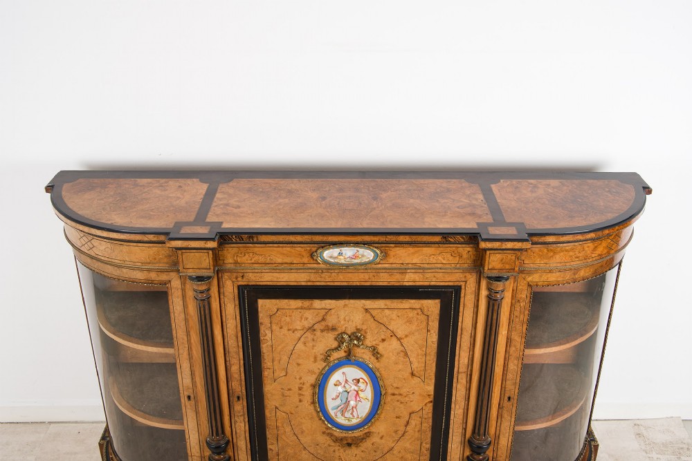 Antique Victorian Burr Walnut Credenza Sideboard With Porcelain Plaques View IV