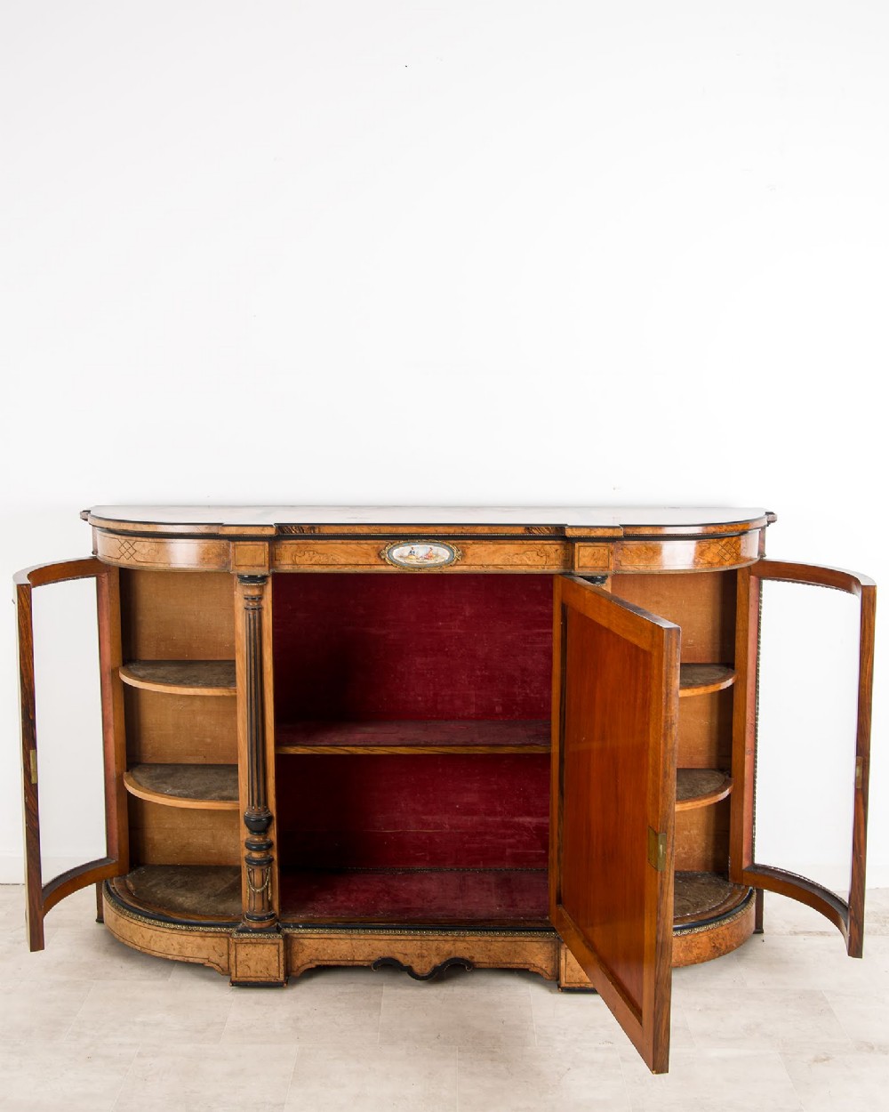 Antique Victorian Burr Walnut Credenza Sideboard With Porcelain Plaques View V