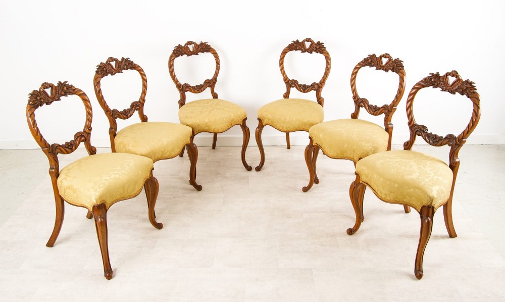 Set Of Six Antique Walnut Balloon Back Dining Chairs