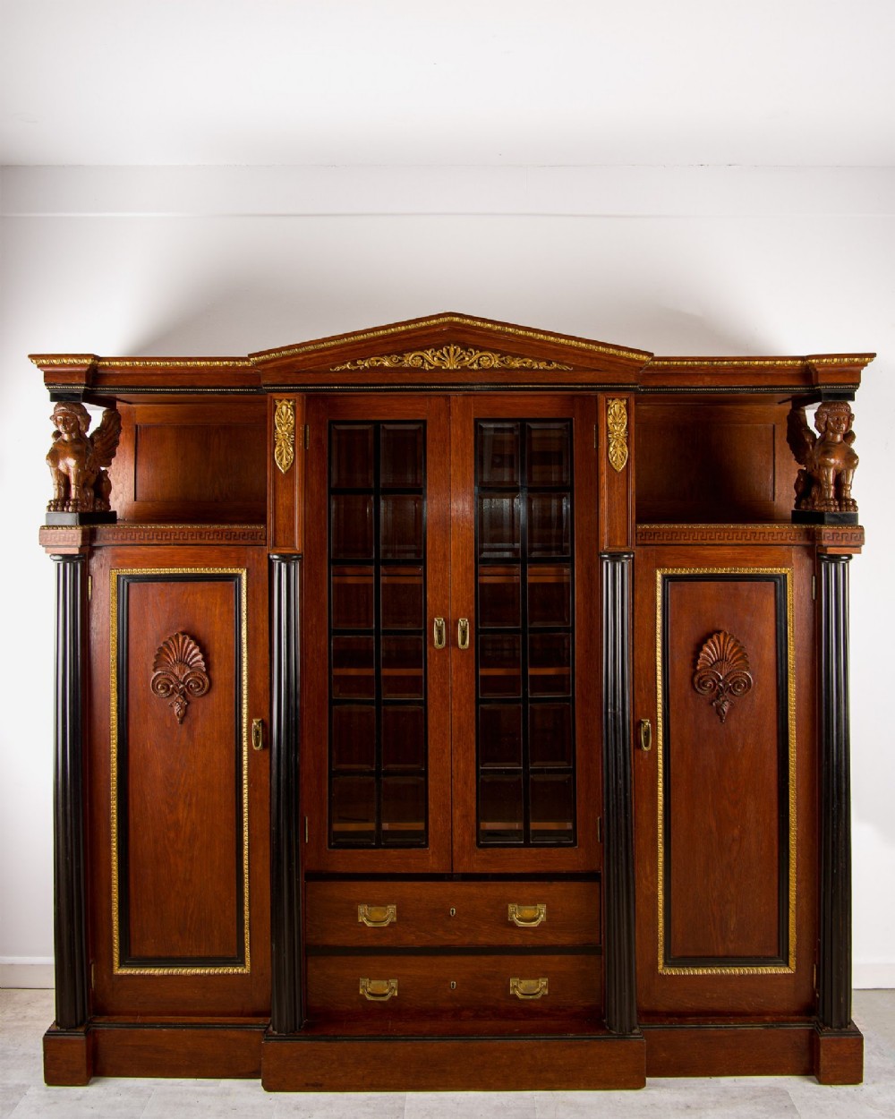 Antique Regency Revival Mahogany Breakfront Library Bookcase Cabinet With Carved Sphinx Supports