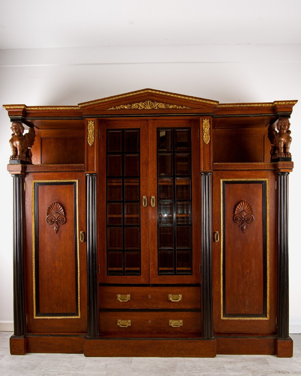 Antique Regency Revival Mahogany Breakfront Library Bookcase Cabinet With Carved Sphinx Supports View II