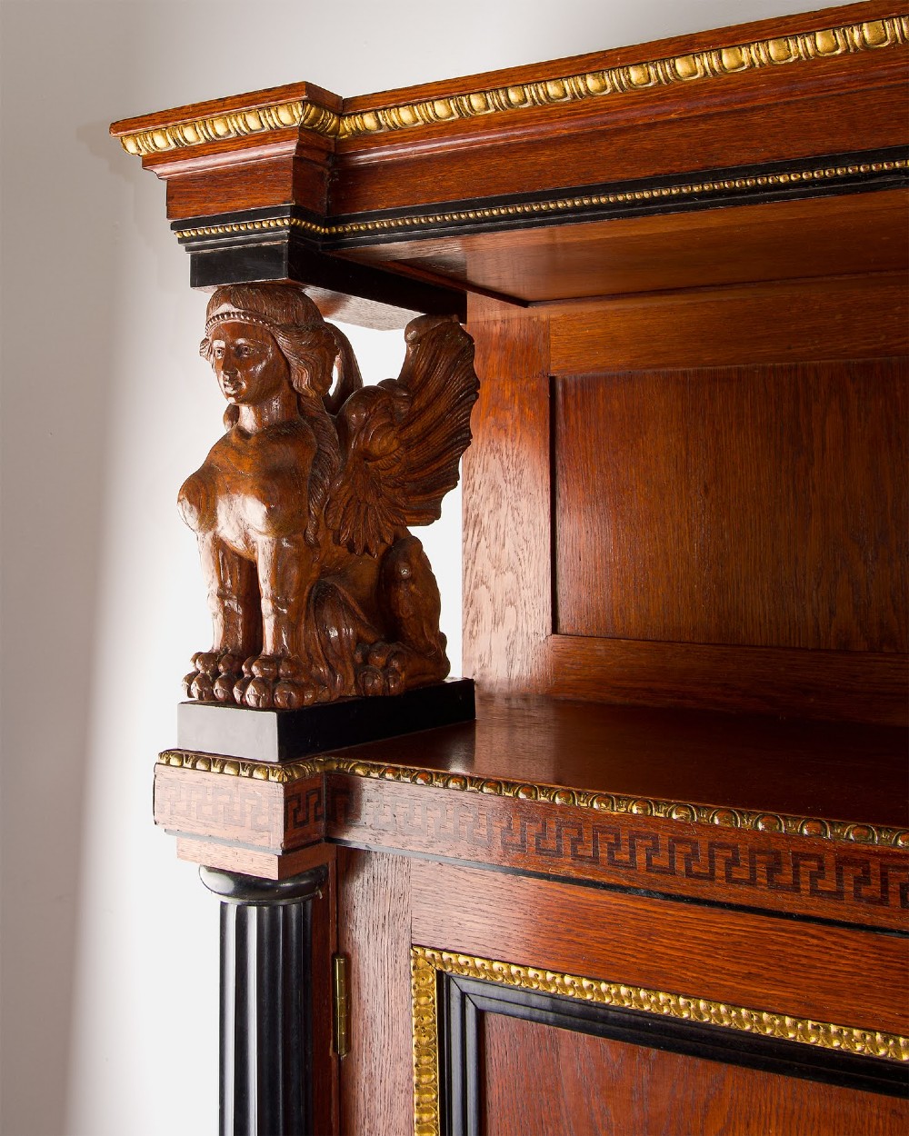 Antique Regency Revival Mahogany Breakfront Library Bookcase Cabinet With Carved Sphinx Supports View III