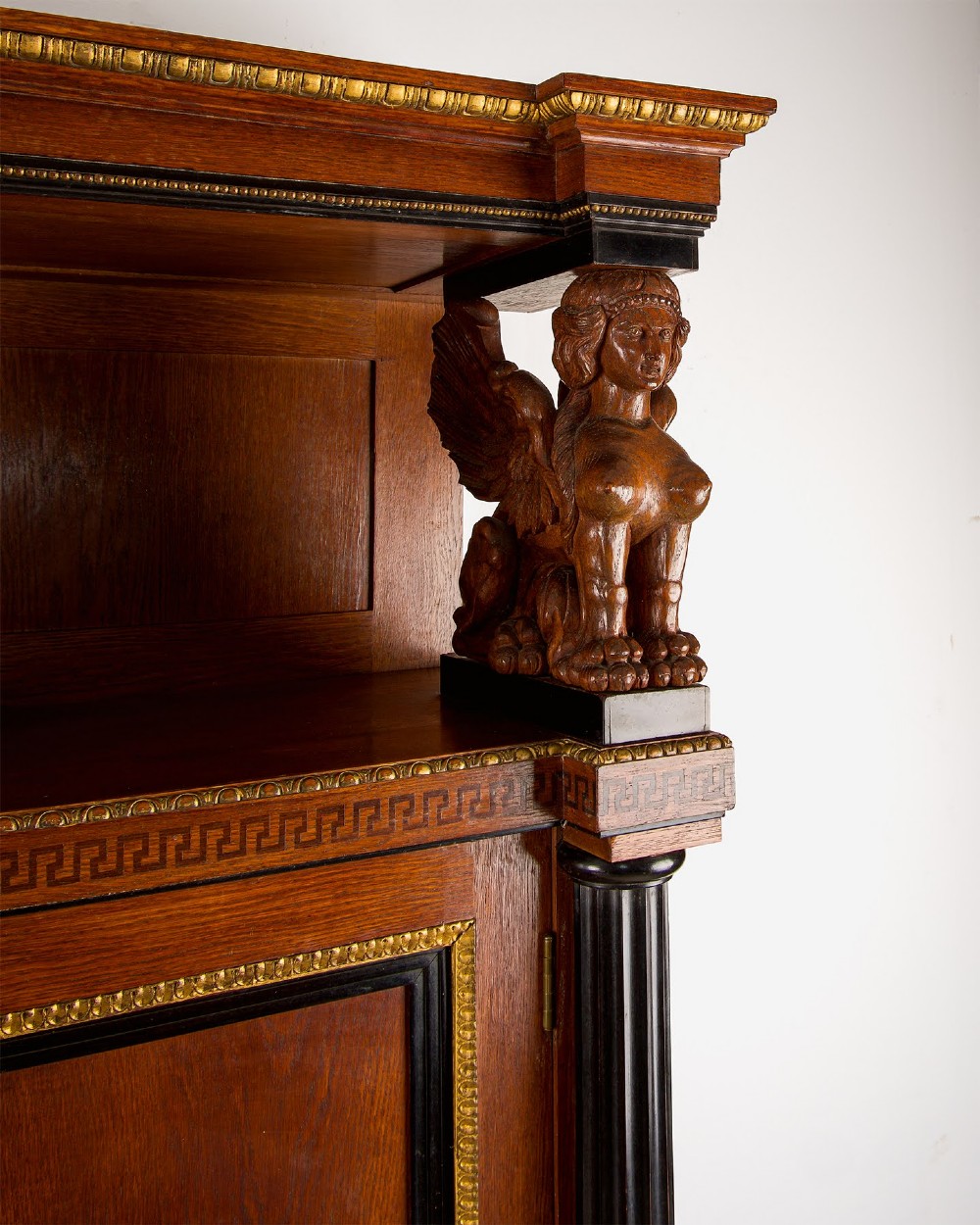 Antique Regency Revival Mahogany Breakfront Library Bookcase Cabinet With Carved Sphinx Supports View IV