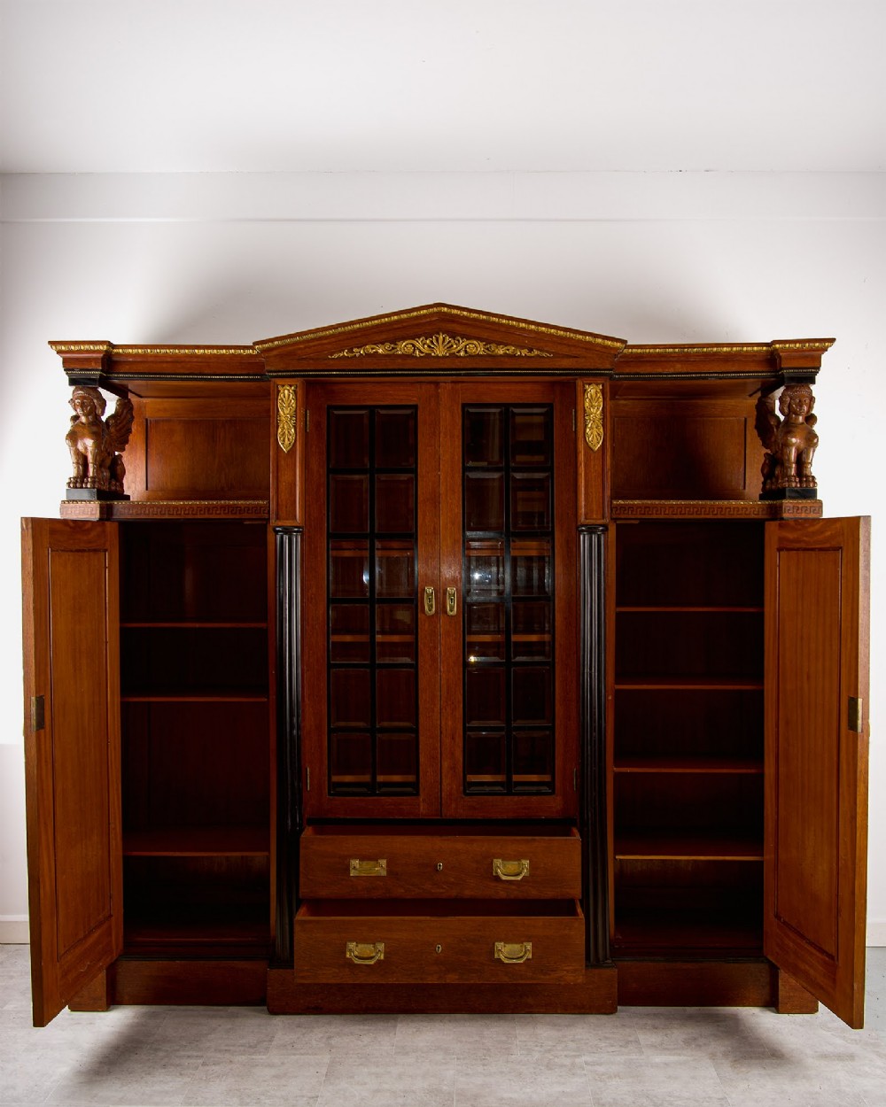 Antique Regency Revival Mahogany Breakfront Library Bookcase Cabinet With Carved Sphinx Supports View VII