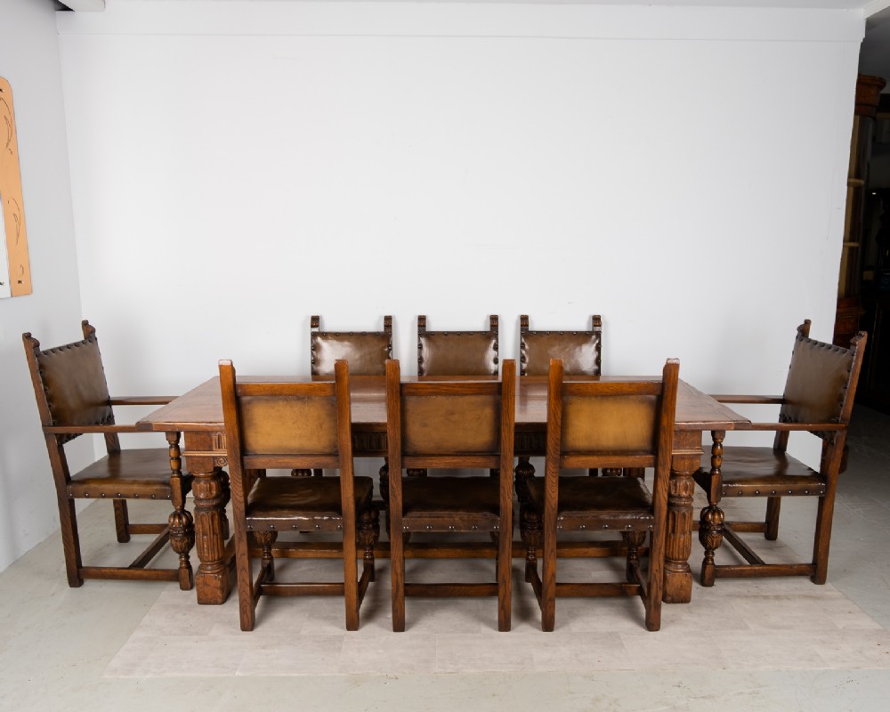 Antique Jacobean Revival Oak Refectory Dining Table & Eight Leather Dining Chairs c.1910