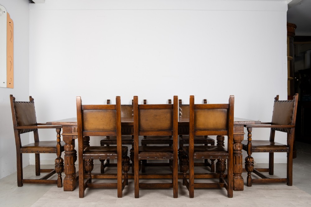 Antique Jacobean Revival Oak Refectory Dining Table & Eight Leather Dining Chairs c.1910 View II