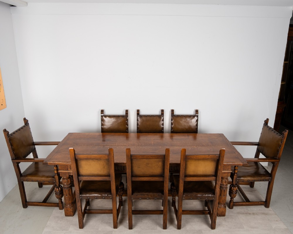 Antique Jacobean Revival Oak Refectory Dining Table & Eight Leather Dining Chairs c.1910 View III