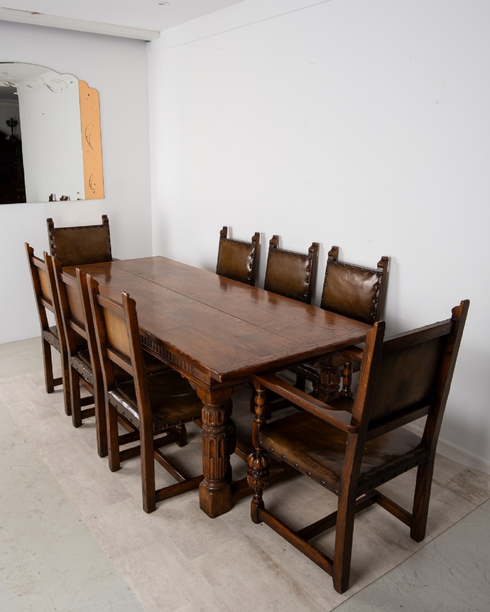 Antique Jacobean Revival Oak Refectory Dining Table & Eight Leather Dining Chairs c.1910 View IV