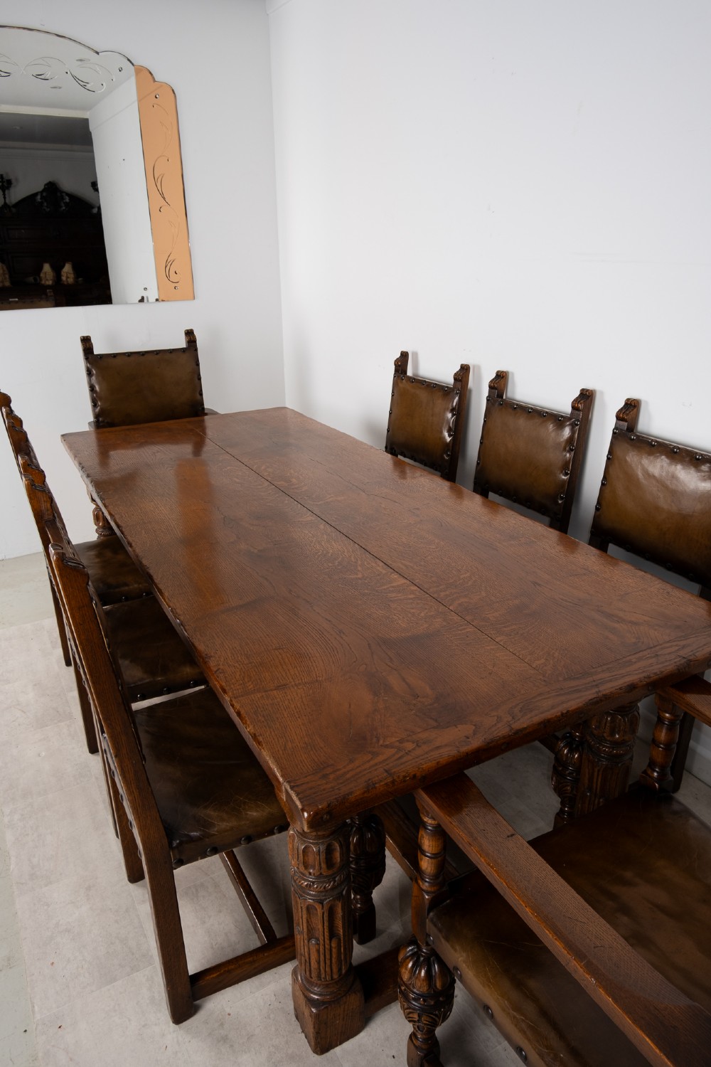 Antique Jacobean Revival Oak Refectory Dining Table & Eight Leather Dining Chairs c.1910 View V