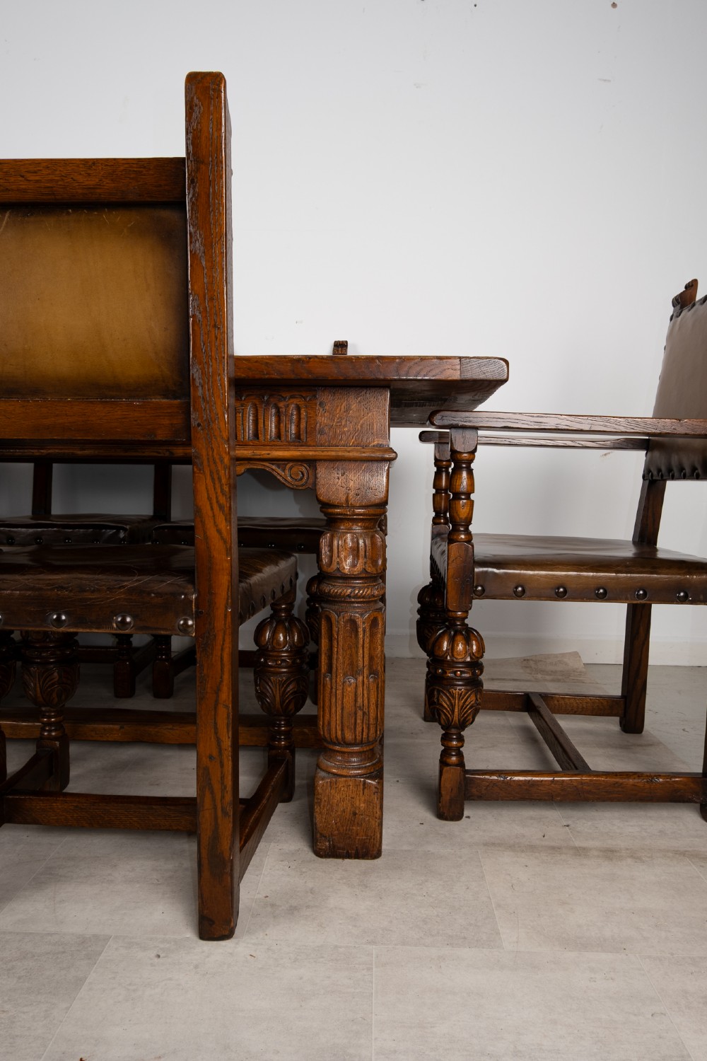 Antique Jacobean Revival Oak Refectory Dining Table & Eight Leather Dining Chairs c.1910 View VI