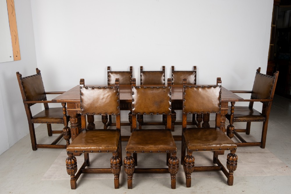 Antique Jacobean Revival Oak Refectory Dining Table & Eight Leather Dining Chairs c.1910 View VII