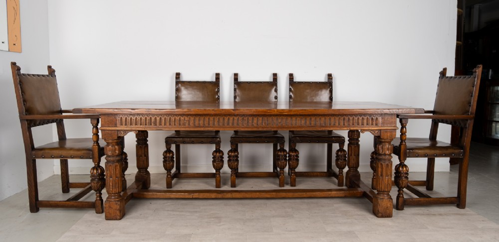 Antique Jacobean Revival Oak Refectory Dining Table & Eight Leather Dining Chairs c.1910 View VIII