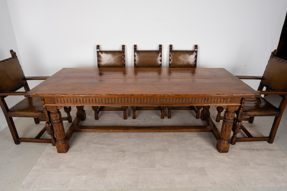 Antique Jacobean Revival Oak Refectory Dining Table & Eight Leather Dining Chairs c.1910 View IX
