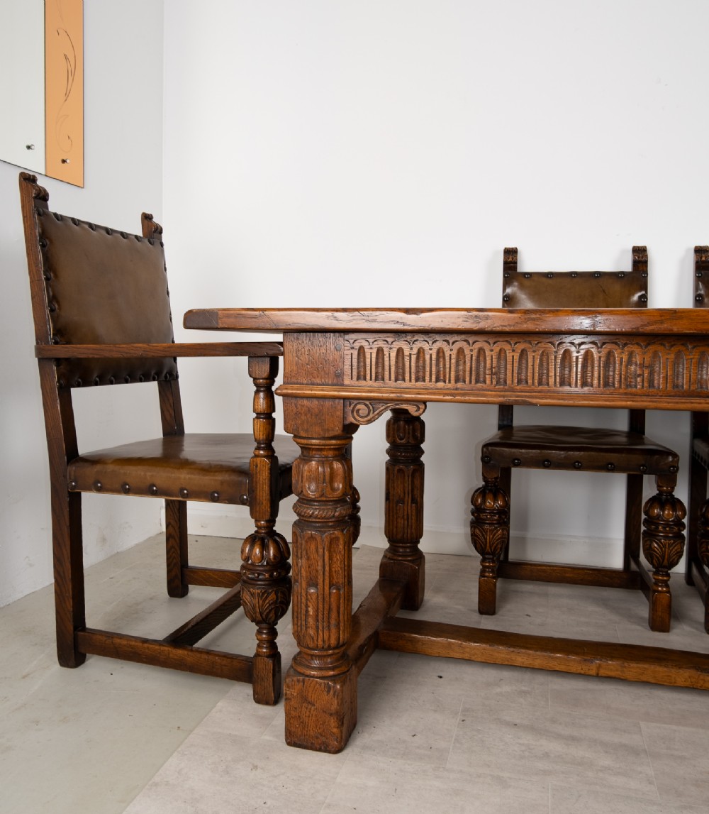 Antique Jacobean Revival Oak Refectory Dining Table & Eight Leather Dining Chairs c.1910 View X