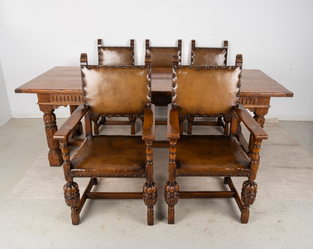 Antique Jacobean Revival Oak Refectory Dining Table & Eight Leather Dining Chairs c.1910 View XI