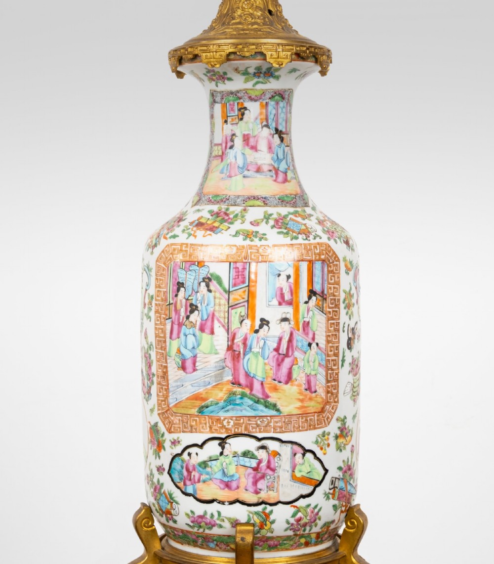 A nineteenth-century Rose Medallion porcelain vase mounted as a table lamp with an ornate gilt bronze base and collar. View IV