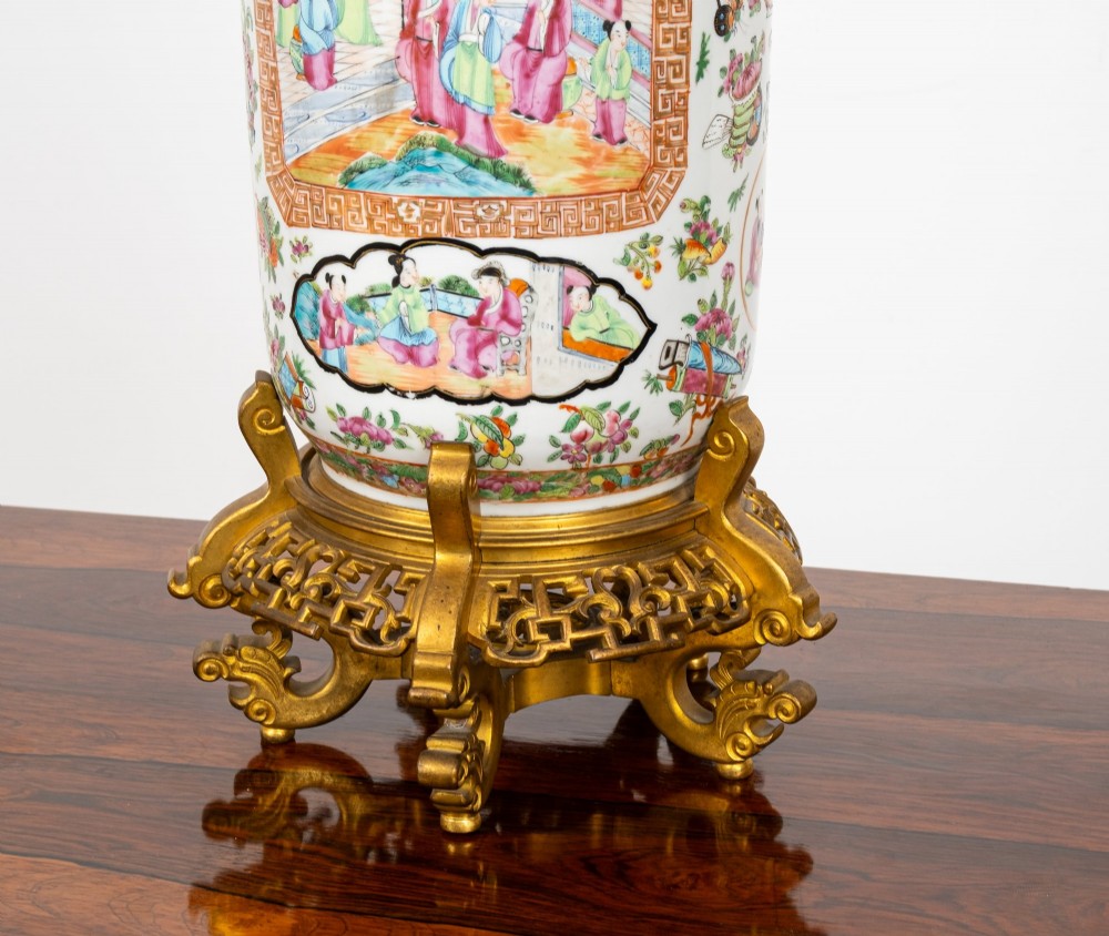 A nineteenth-century Rose Medallion porcelain vase mounted as a table lamp with an ornate gilt bronze base and collar. View VII