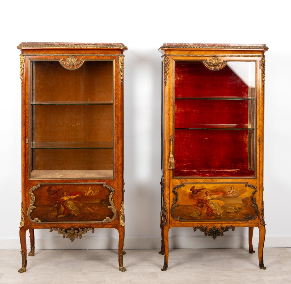 Pair of late 19th-century French kingwood vitrine cabinets featuring marble tops, glass display sections, hand-painted lower panels, and decorative gilt bronze mounts. View II