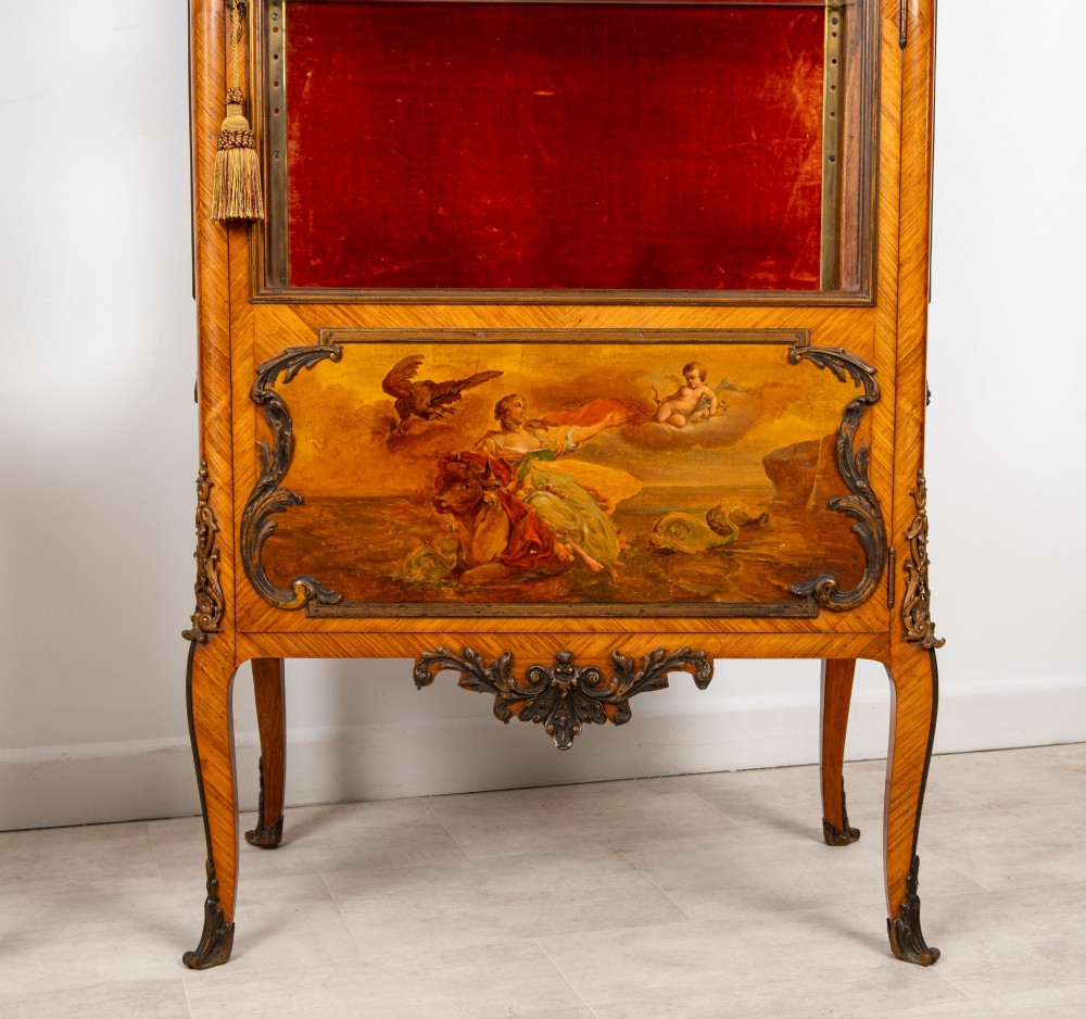 Pair of late 19th-century French kingwood vitrine cabinets featuring marble tops, glass display sections, hand-painted lower panels, and decorative gilt bronze mounts. View XI