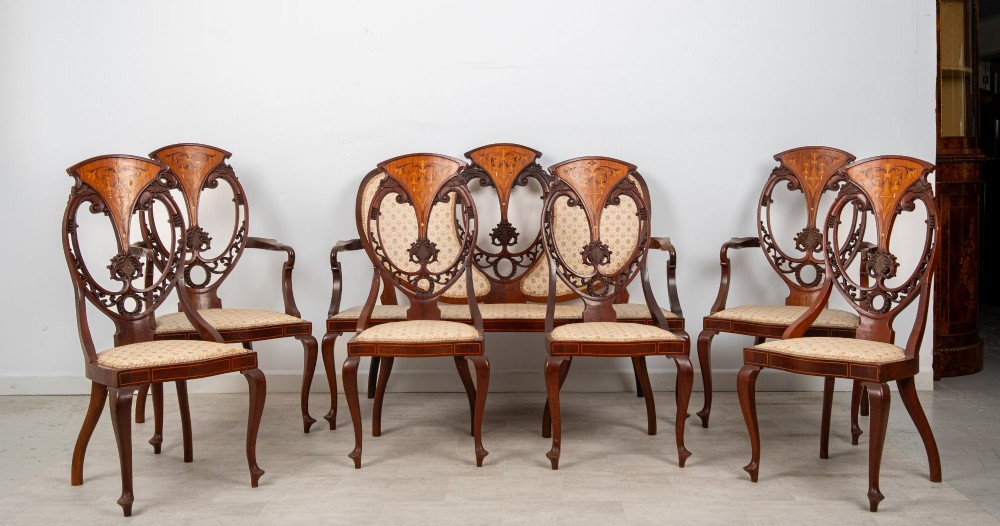 Antique Edwardian Mahogany, Satinwood & Marquetry Inlaid Salon Suite – Settee, 2 Armchairs & 4 Chairs c.1900 View II