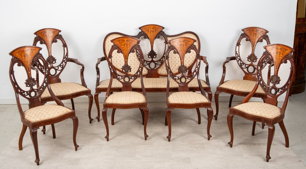 Antique Edwardian Mahogany, Satinwood & Marquetry Inlaid Salon Suite – Settee, 2 Armchairs & 4 Chairs c.1900