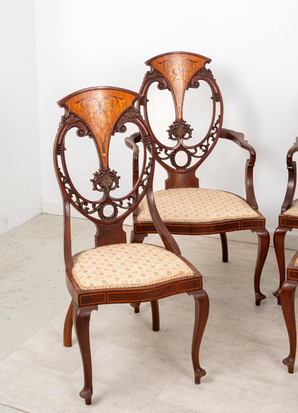 Antique Edwardian Mahogany, Satinwood & Marquetry Inlaid Salon Suite – Settee, 2 Armchairs & 4 Chairs c.1900 View III