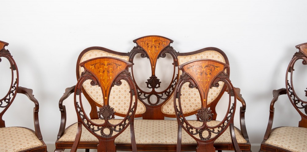 Antique Edwardian Mahogany, Satinwood & Marquetry Inlaid Salon Suite – Settee, 2 Armchairs & 4 Chairs c.1900 View IV