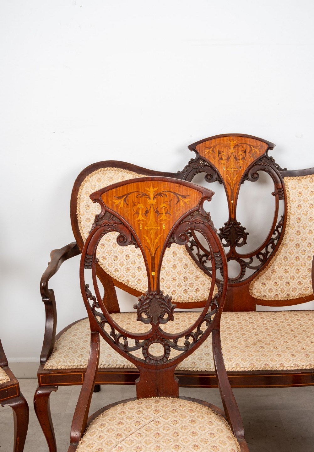 Antique Edwardian Mahogany, Satinwood & Marquetry Inlaid Salon Suite – Settee, 2 Armchairs & 4 Chairs c.1900 View V
