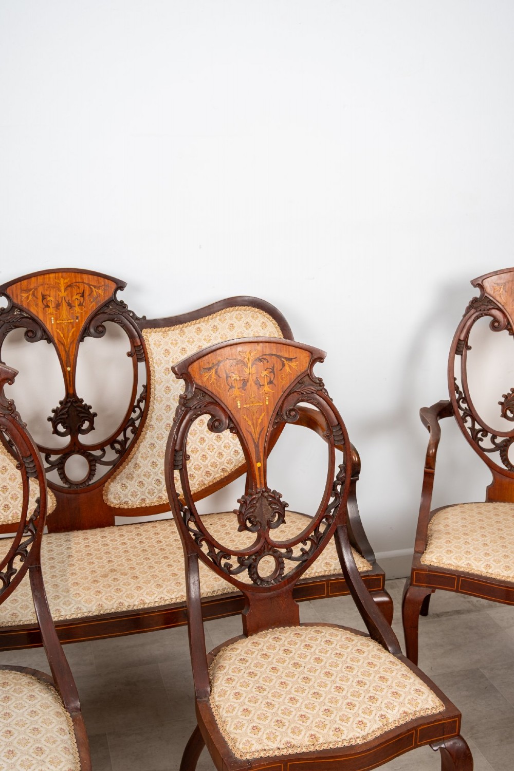 Antique Edwardian Mahogany, Satinwood & Marquetry Inlaid Salon Suite – Settee, 2 Armchairs & 4 Chairs c.1900 View VI