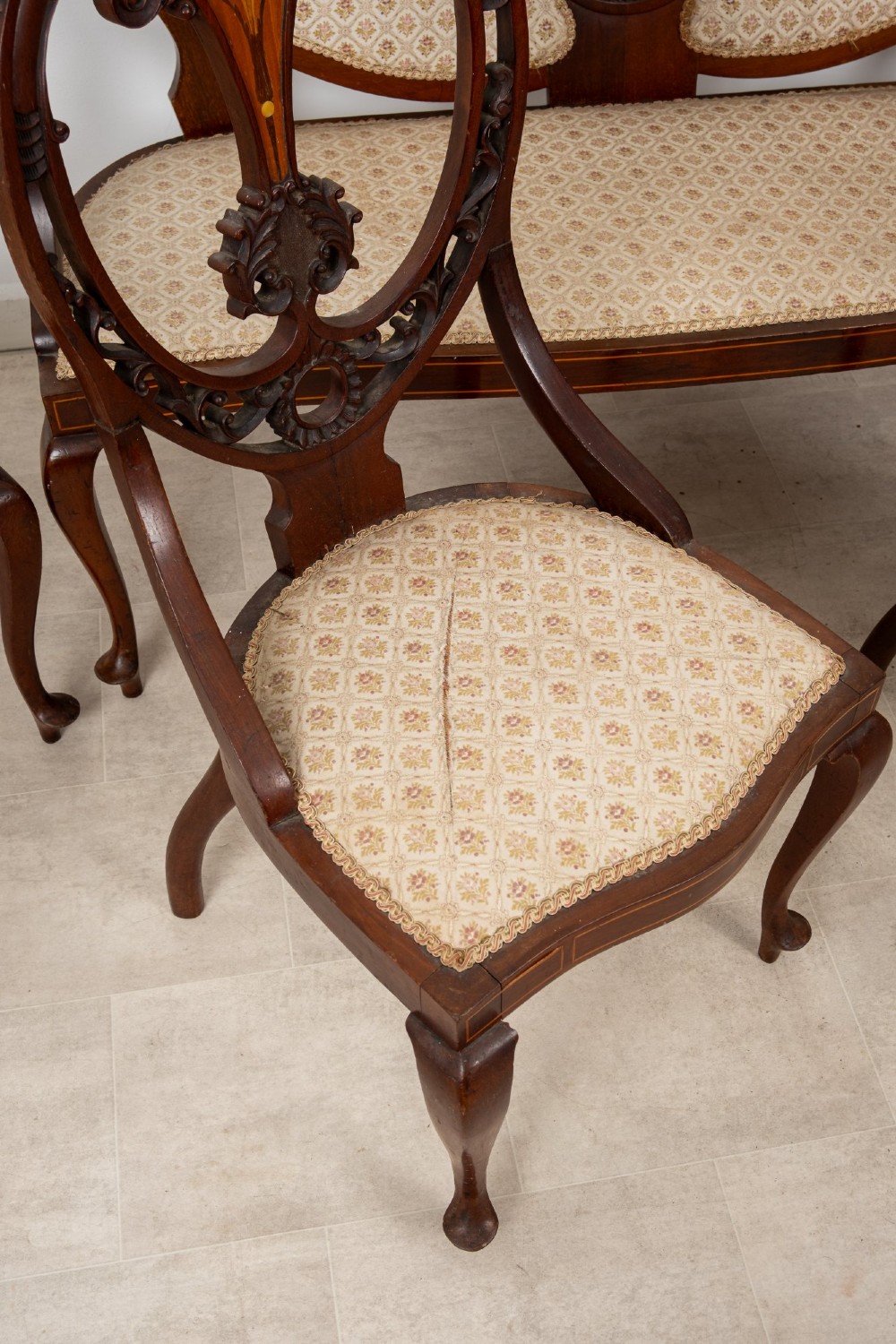 Antique Edwardian Mahogany, Satinwood & Marquetry Inlaid Salon Suite – Settee, 2 Armchairs & 4 Chairs c.1900 View VII